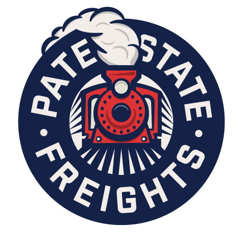 Logo with a red train engine and steam, surrounded by the words 'Pate State Freights' in white on a navy circle